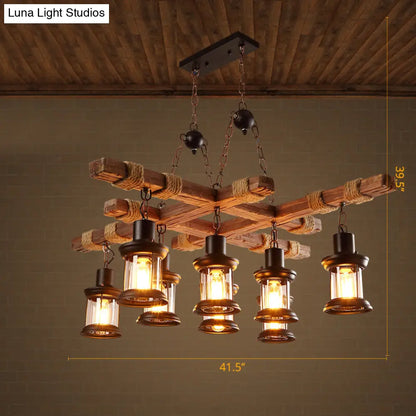 Wooden Nautical Lantern Ceiling Chandelier with Clear Glass for Living Room