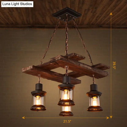 Wooden Nautical Lantern Ceiling Chandelier with Clear Glass for Living Room