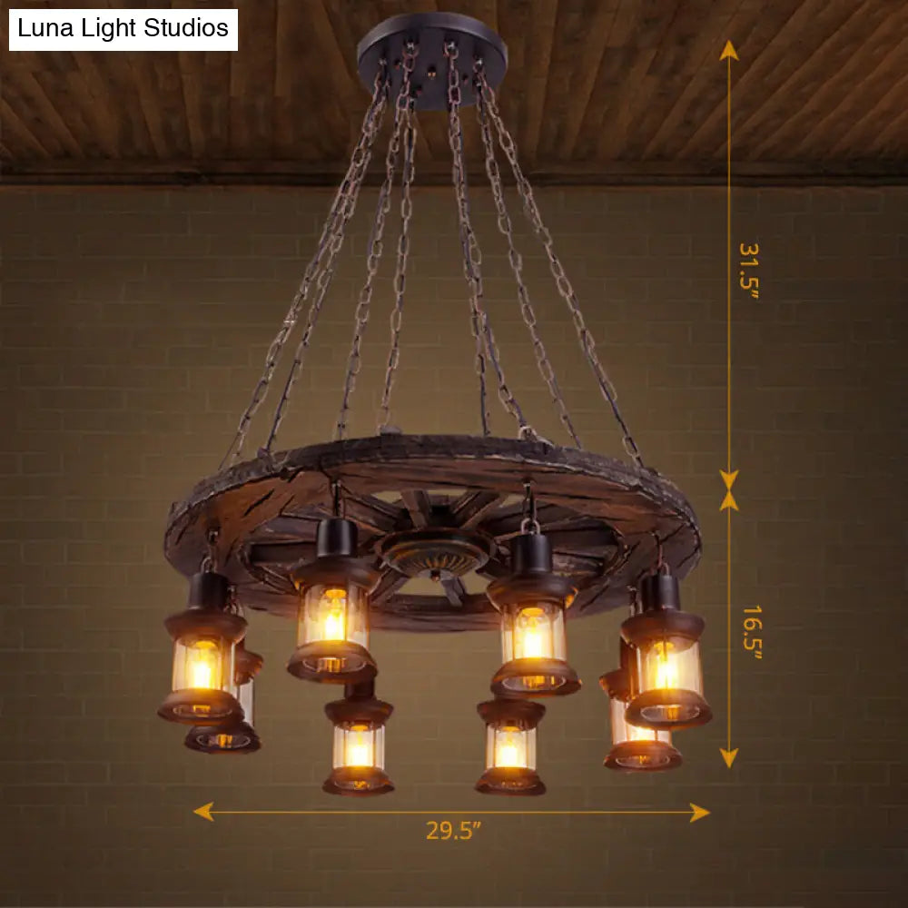 Wooden Nautical Lantern Ceiling Chandelier with Clear Glass for Living Room