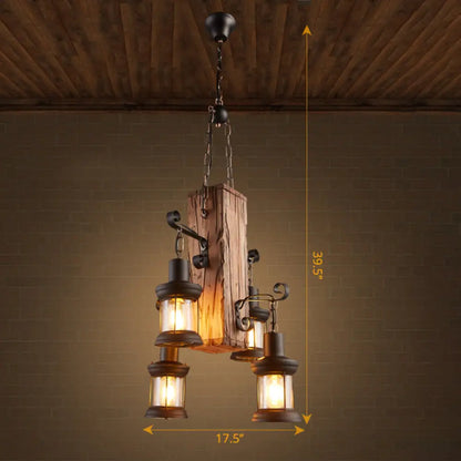 Wooden Nautical Lantern Ceiling Chandelier with Clear Glass for Living Room