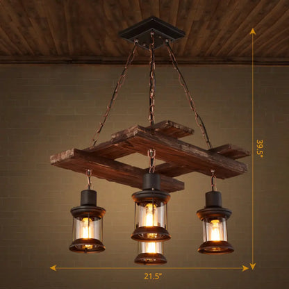 Wooden Nautical Lantern Ceiling Chandelier with Clear Glass for Living Room