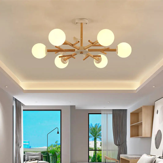 Lámpara de araña nórdica de madera con forma de bola: Lámpara colgante de cristal color crema para salón con decoración de pájaros