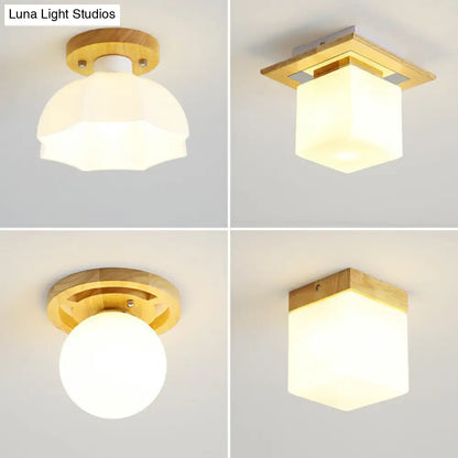 DecorBites™ DecorBites™ Wooden Nordic Semi Flush Ceiling Light with White Glass - Small Size