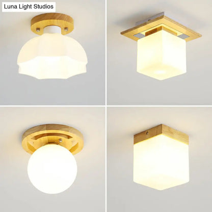 DecorBites™ DecorBites™ Wooden Nordic Semi Flush Ceiling Light with White Glass - Small Size
