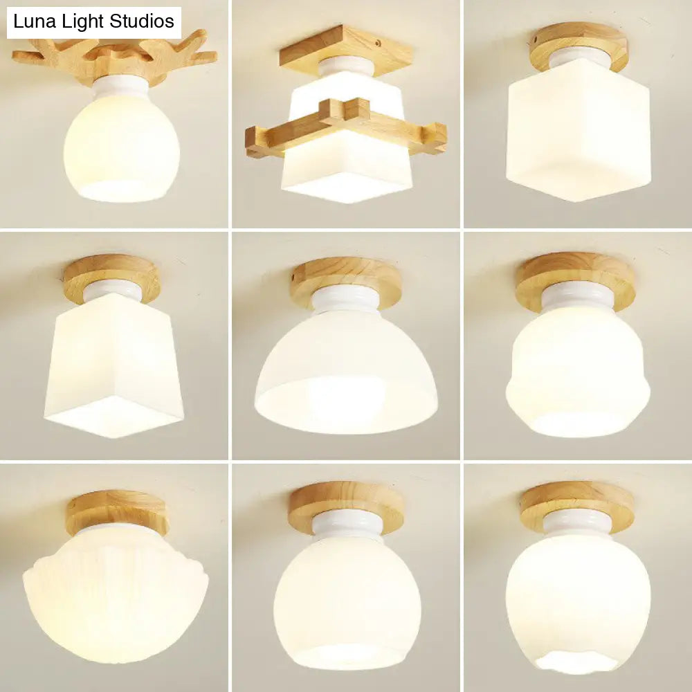 DecorBites™ DecorBites™ Wooden Nordic Semi Flush Ceiling Light with White Glass - Small Size
