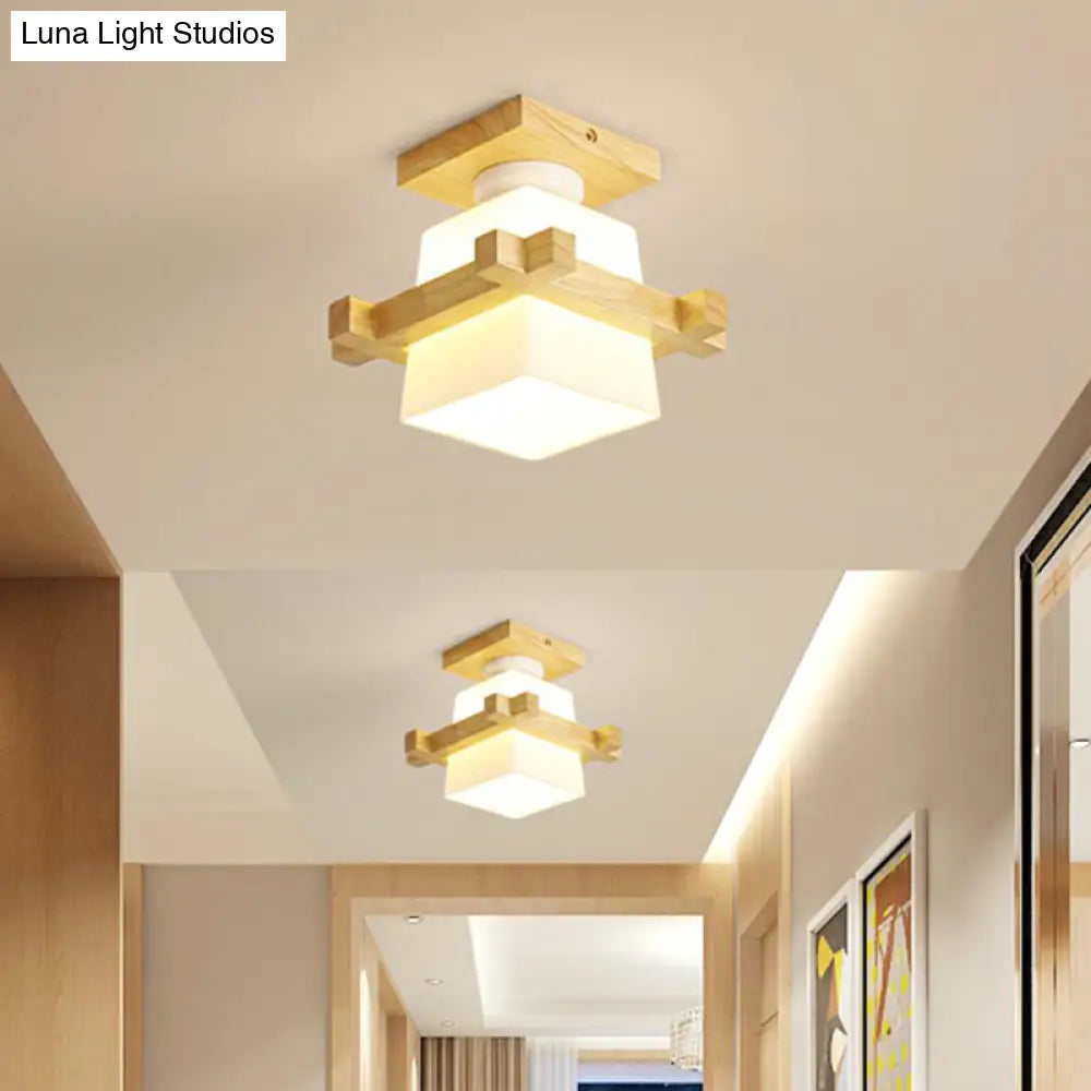 DecorBites™ DecorBites™ Wooden Nordic Semi Flush Ceiling Light with White Glass - Small Size