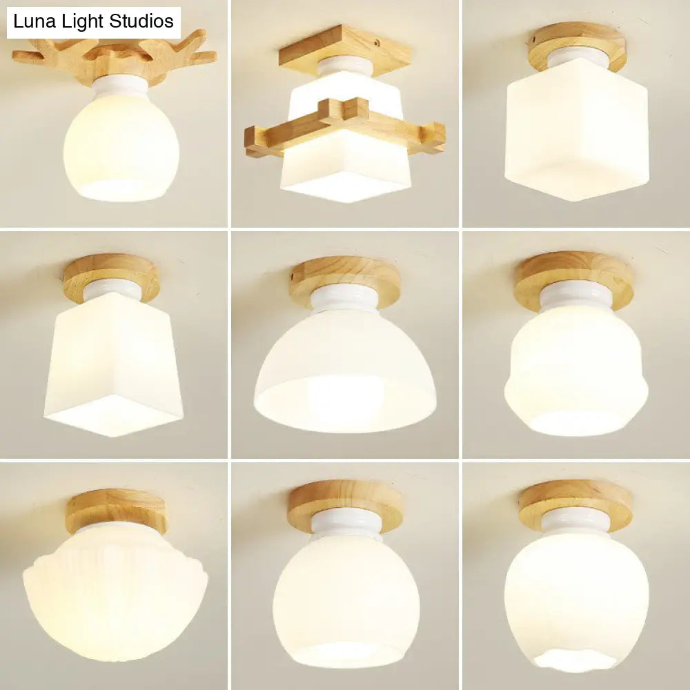 DecorBites™ DecorBites™ Wooden Nordic Semi Flush Ceiling Light with White Glass - Small Size