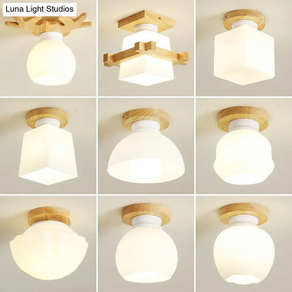 DecorBites™ DecorBites™ Wooden Nordic Semi Flush Ceiling Light with White Glass - Small Size
