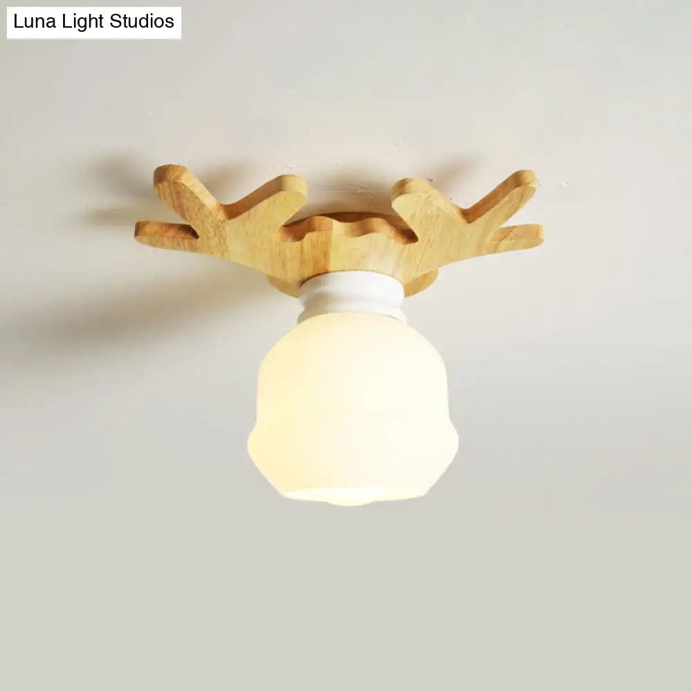 DecorBites™ DecorBites™ Wooden Nordic Semi Flush Ceiling Light with White Glass - Small Size