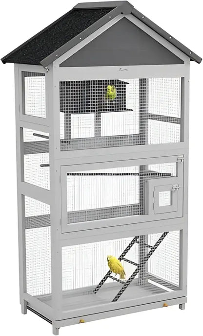 Gray wooden outdoor bird aviary with black roof and wire mesh panels featuring a yellow parakeet perch