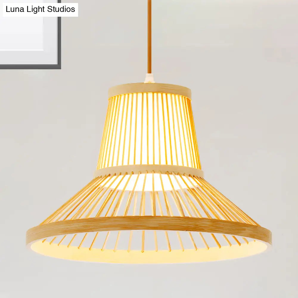 Wooden Pendant Light with Bamboo Shade: Traditional One-Bulb Hanging Lamp Fixture