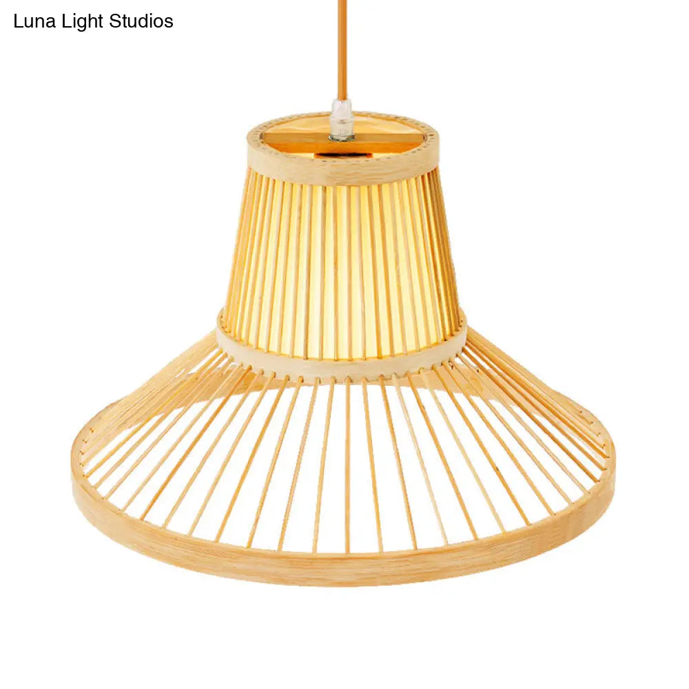 Wooden Pendant Light with Bamboo Shade: Traditional One-Bulb Hanging Lamp Fixture