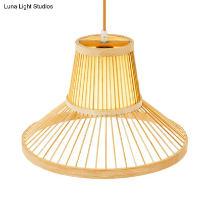 Wooden Pendant Light with Bamboo Shade: Traditional One-Bulb Hanging Lamp Fixture