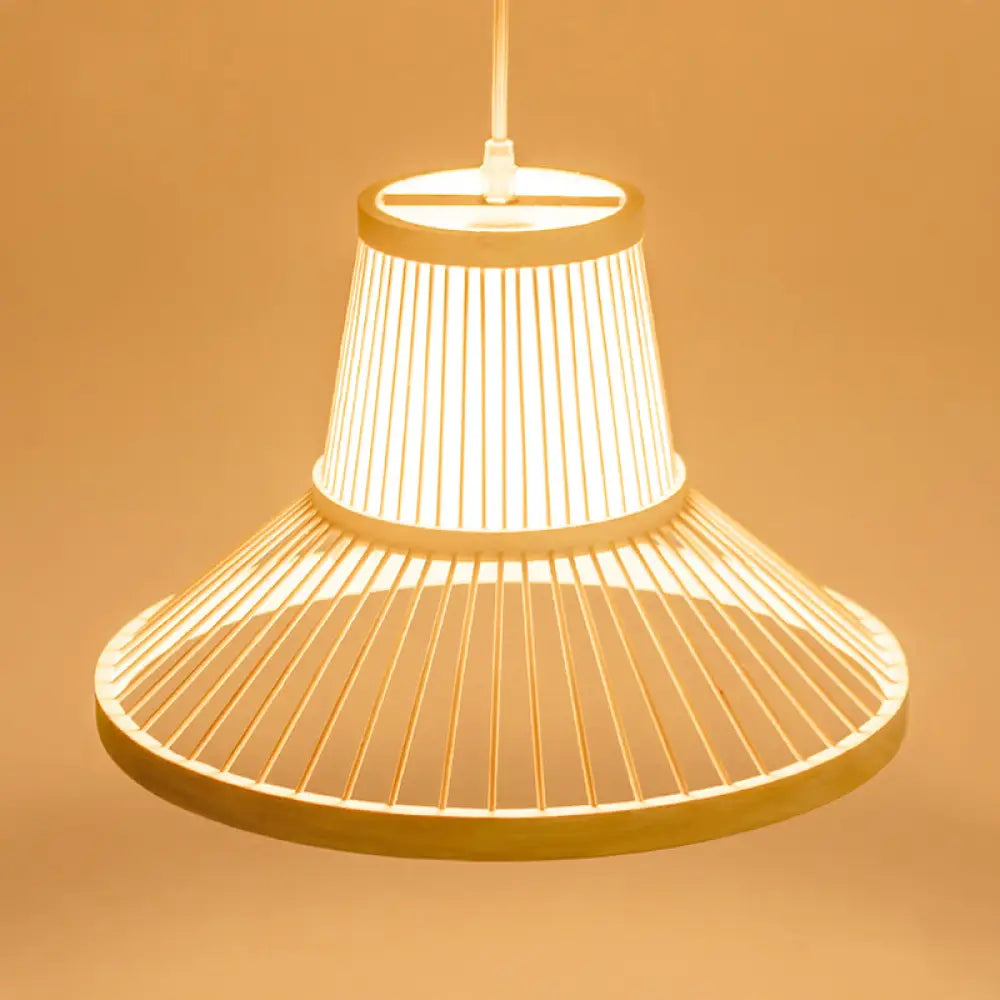 Wooden Pendant Light with Bamboo Shade: Traditional One-Bulb Hanging Lamp Fixture