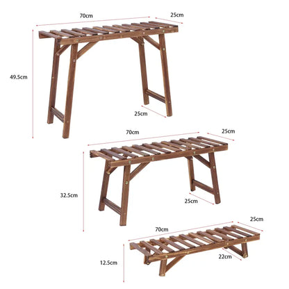 Brown wooden garden bench with slatted top and foldable legs suitable as a sturdy tier wooden plant stand with max load capacity