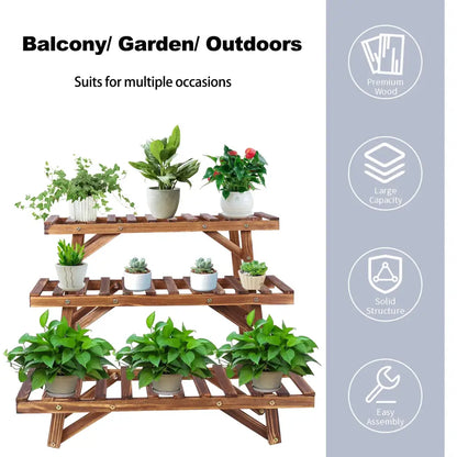 Decorbites™ 3 tier wooden plant stand with slatted shelves and sturdy a-frame legs supports max load efficiently
