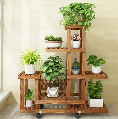 DecorBites™ 6-tier wood plant stand with slatted shelves and black caster wheels for indoor and outdoor use
