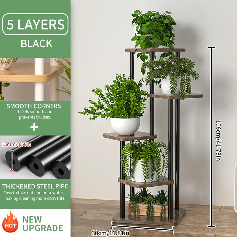 Wooden Plant Stand Shelf Tiered Flower Pot Display - B-5layers black
