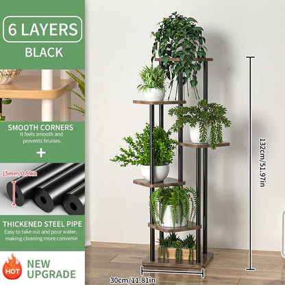 Wooden Plant Stand Shelf Tiered Flower Pot Display - B-6layers black