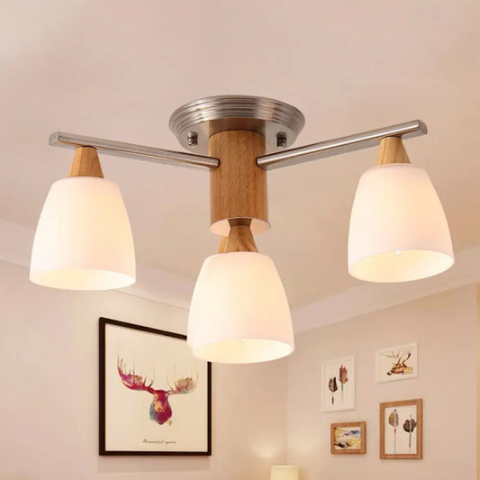 Wooden Semi Flush Mount Light with Modern White Glass Shade & 4 Tapered Lights