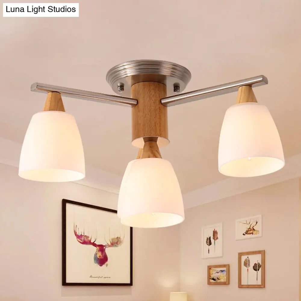 Wooden Semi Flush Mount Light with Modern White Glass Shade & 4 Tapered Lights