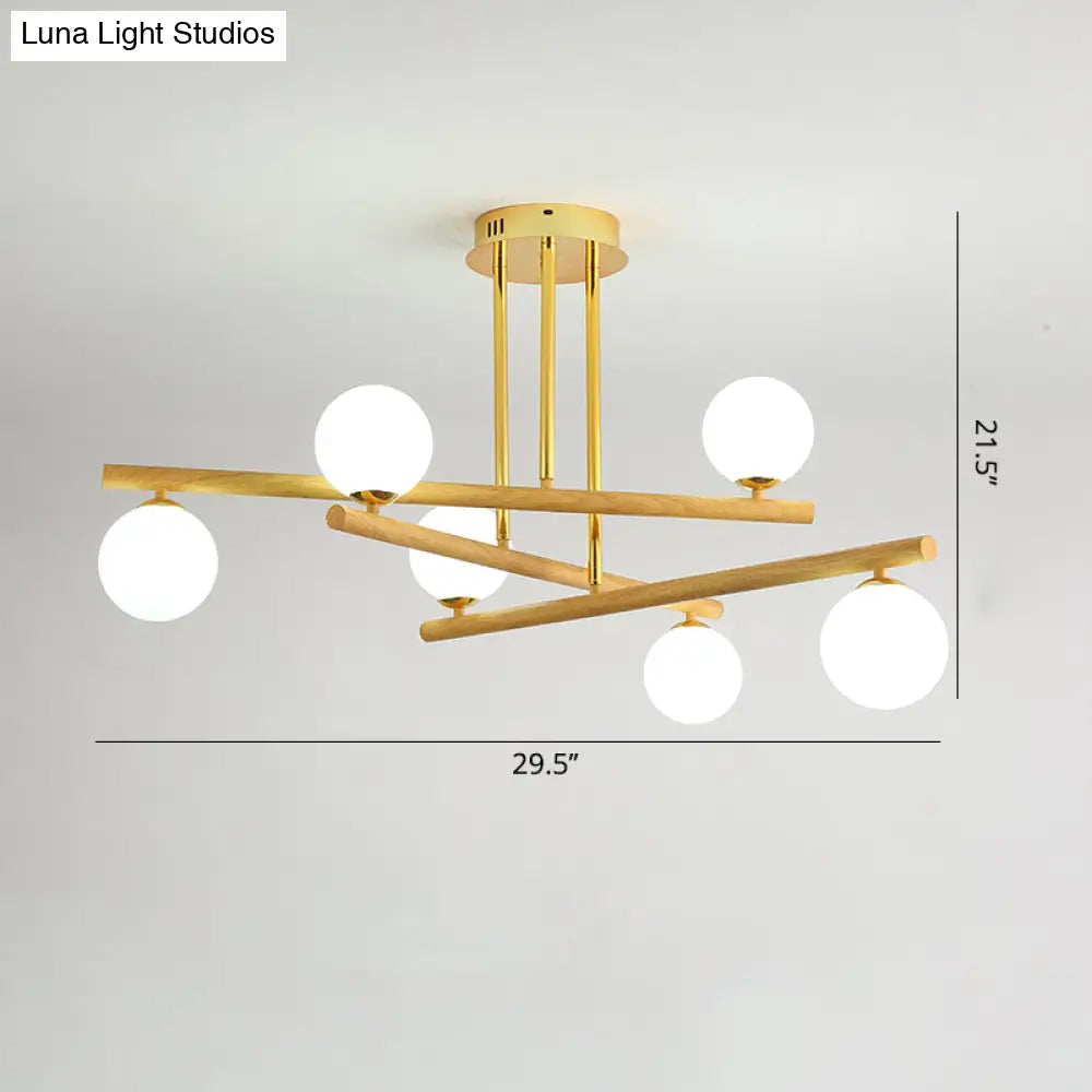 Lámpara de araña esférica de madera con pantalla de cristal opalino para iluminación minimalista de dormitorio