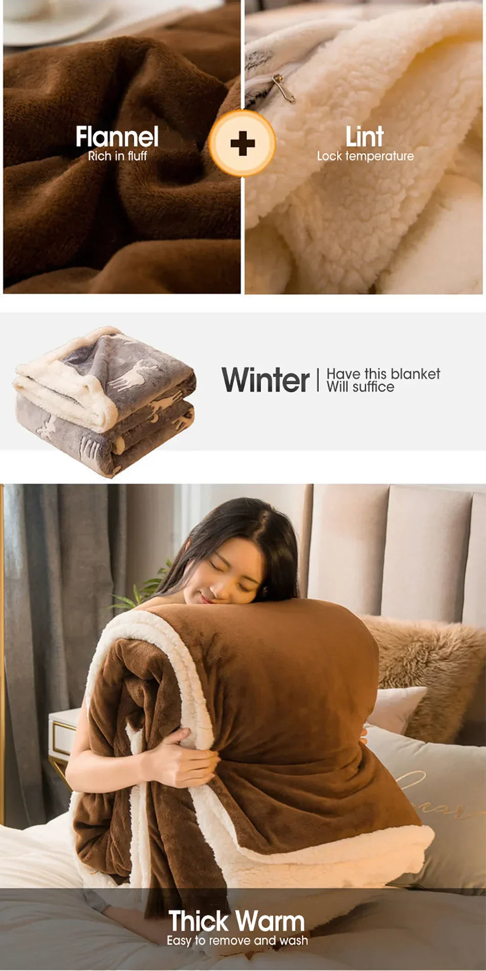 Cozy brown flannel wool throw blanket with white sherpa lining and reindeer snowflake pattern for winter bed use