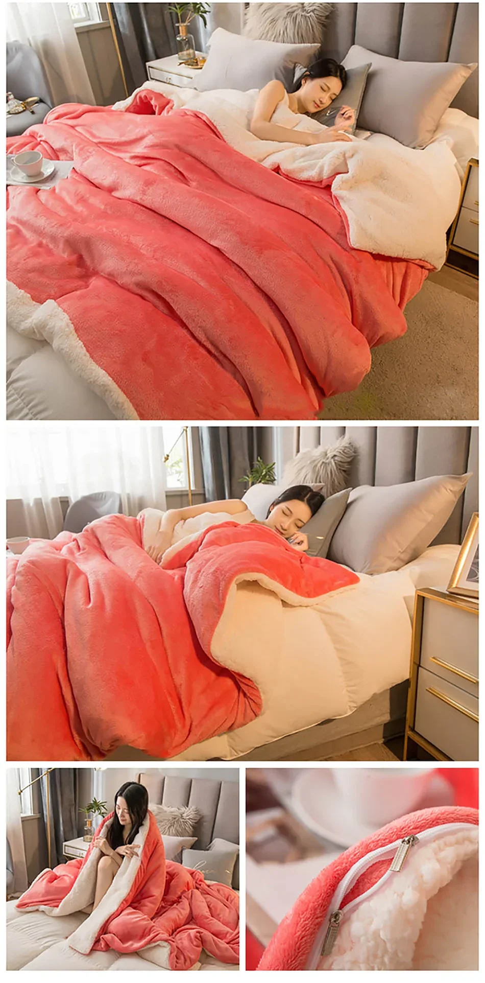 Soft coral and cream two-tone wool throw blanket with a cozy plush texture for winter bed and camping use