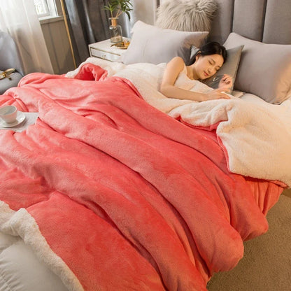 Soft coral fleece wool throw blanket with plush white lining draped over bed for winter warmth and camping use