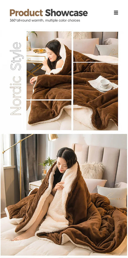 Brown and cream plush wool throw blanket with soft cozy texture double sided queen bed cover for winter warmth