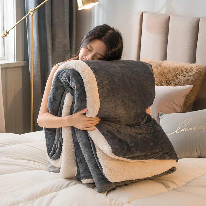 Dark gray wool throw blanket with soft cream fleece lining double sided queen bedspread for winter warmth