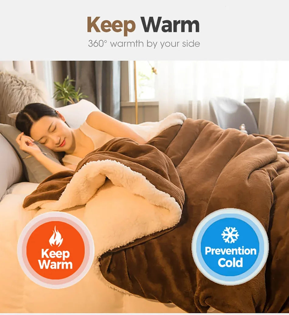 A plush brown and cream wool throw blanket with soft fleece texture designed for warmth on a double bed or camping use
