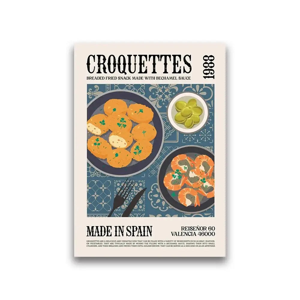 Vintage-style decorbites™ world cuisine canvas painting featuring croquettes with blue patterned background and made in spain text