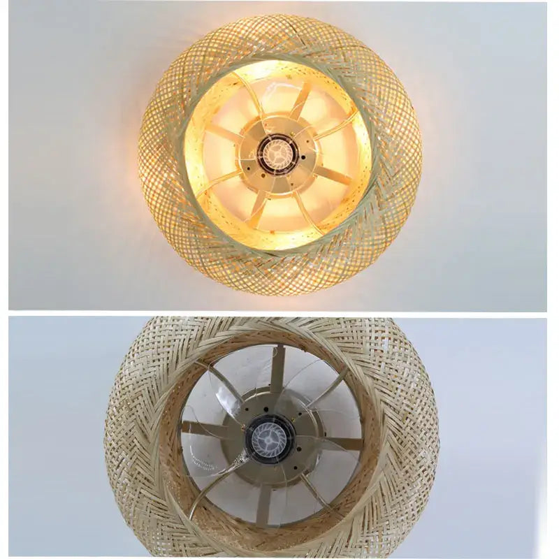 Beige woven bamboo ceiling fan with retractable blades and integrated light fixture ideal for bedroom decorbites bamboo ceiling fan