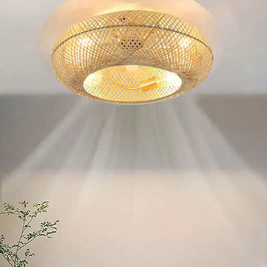 Woven bamboo ceiling fan with retractable blades featuring a warm circular 50cm bamboo ceiling light with golden accents