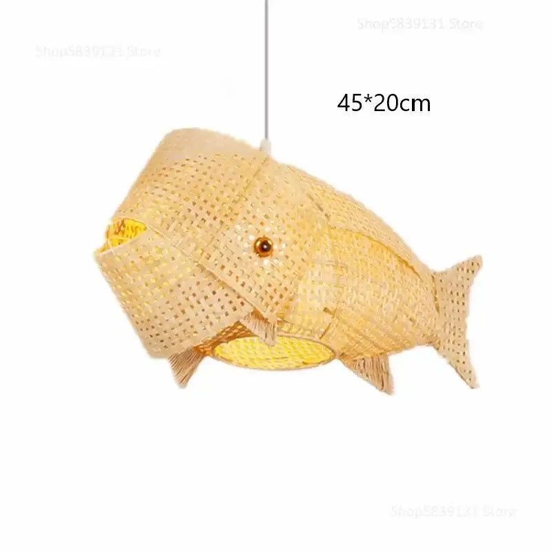 Beige woven bamboo fish art pendant light with textured lattice design and amber glass eyes for kitchen decorbites pendant lights
