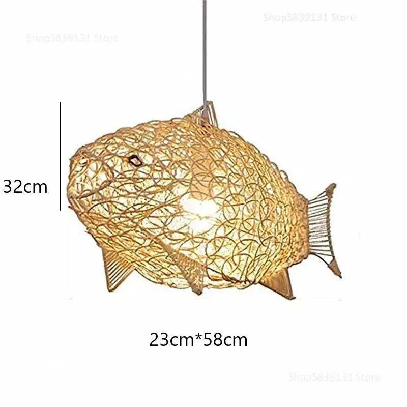 Golden woven bamboo fish art pendant light with textured wireframe and internal lighting for kitchen or living room decorbites pendant lights