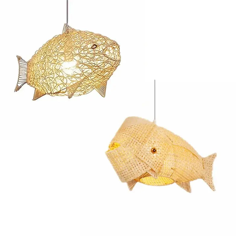 Golden woven bamboo fish art pendant lights with wire and fabric mesh designs for kitchen or living room decorbites bamboo fish