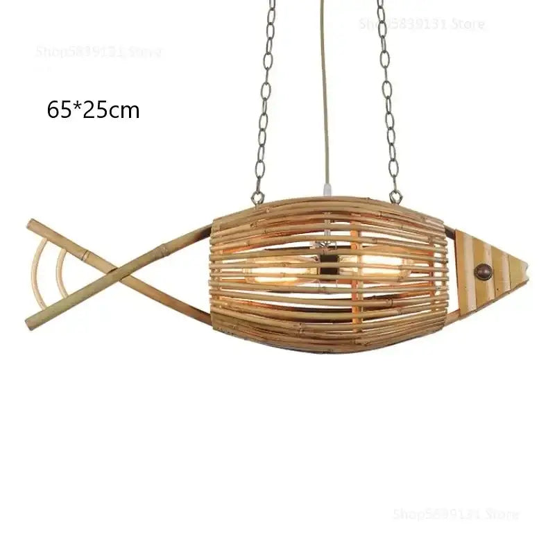 Rustic woven bamboo fish art pendant light with metal chain suspension for kitchen or living room decorbites bamboo fish