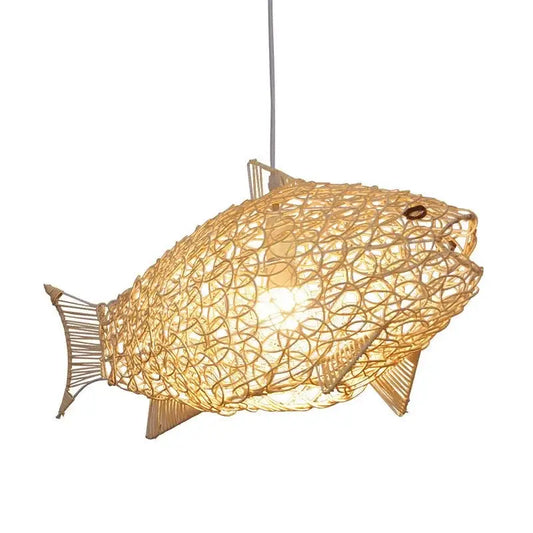 Woven bamboo fish art pendant light with warm-toned rattan and detailed fins for kitchen or living room decorbites bamboo fish