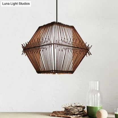 Woven Bamboo Pendant Ceiling Light - Contemporary 1-Head Wood Drop with/without Shade