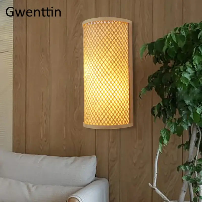 Gwenttin bamboo wall lights sconces with woven lattice design and warm gold glow for bedroom wall lighting