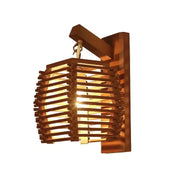 Warm-toned bamboo wall sconce light with woven slat design and rectangular bracket for corridor and cafe lighting