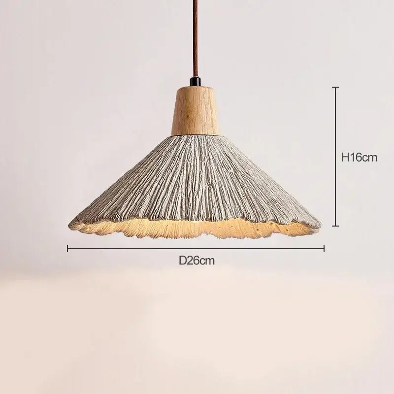 A rustic woven beige pendant light with textured grayish-brown shade and natural wood top decorbites designer pendant