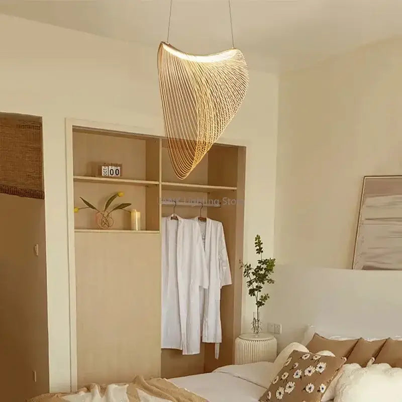 A modern curved pendant lamp with woven birch wood led design and warm glow for dining room decorbites birch wood lighting