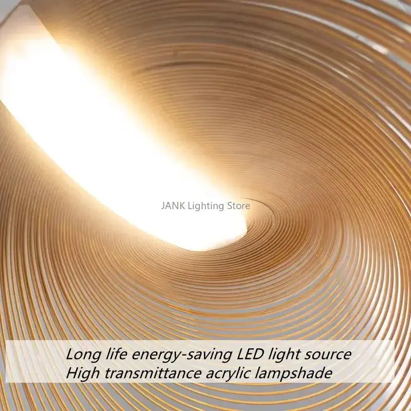 A warm glowing birch wood led pendant lamp with a high-transmittance acrylic shade and golden ridged design for dining room decor