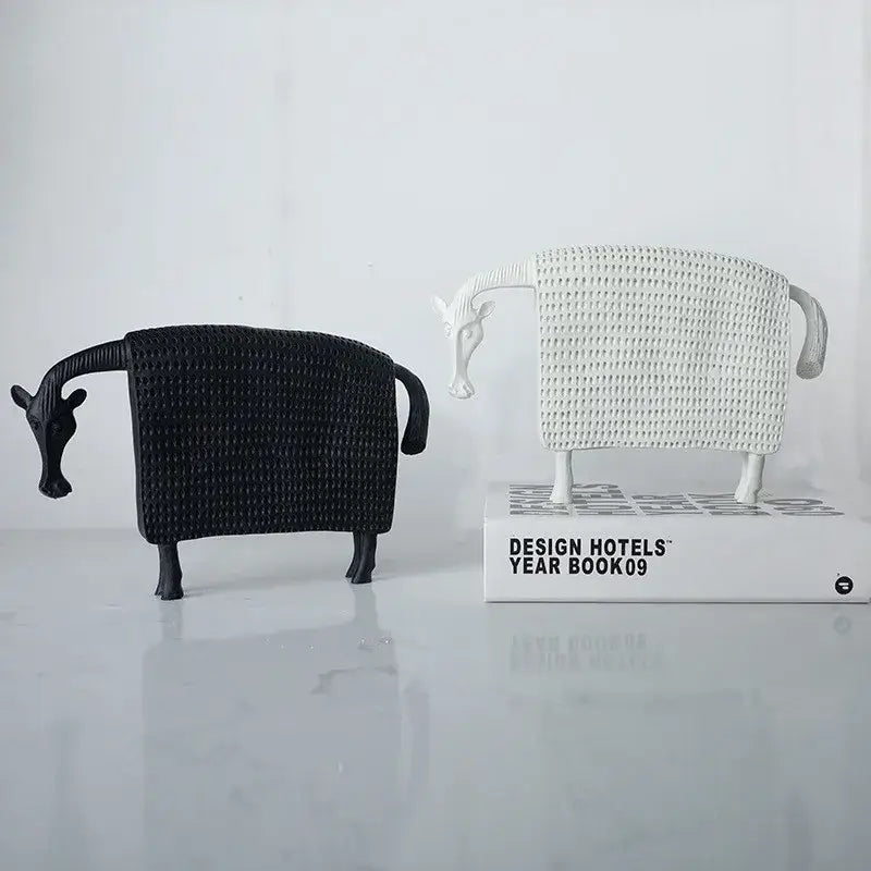 Woven black and white resin sculpture figurine with basket-weave texture for living room decorbites black cow style