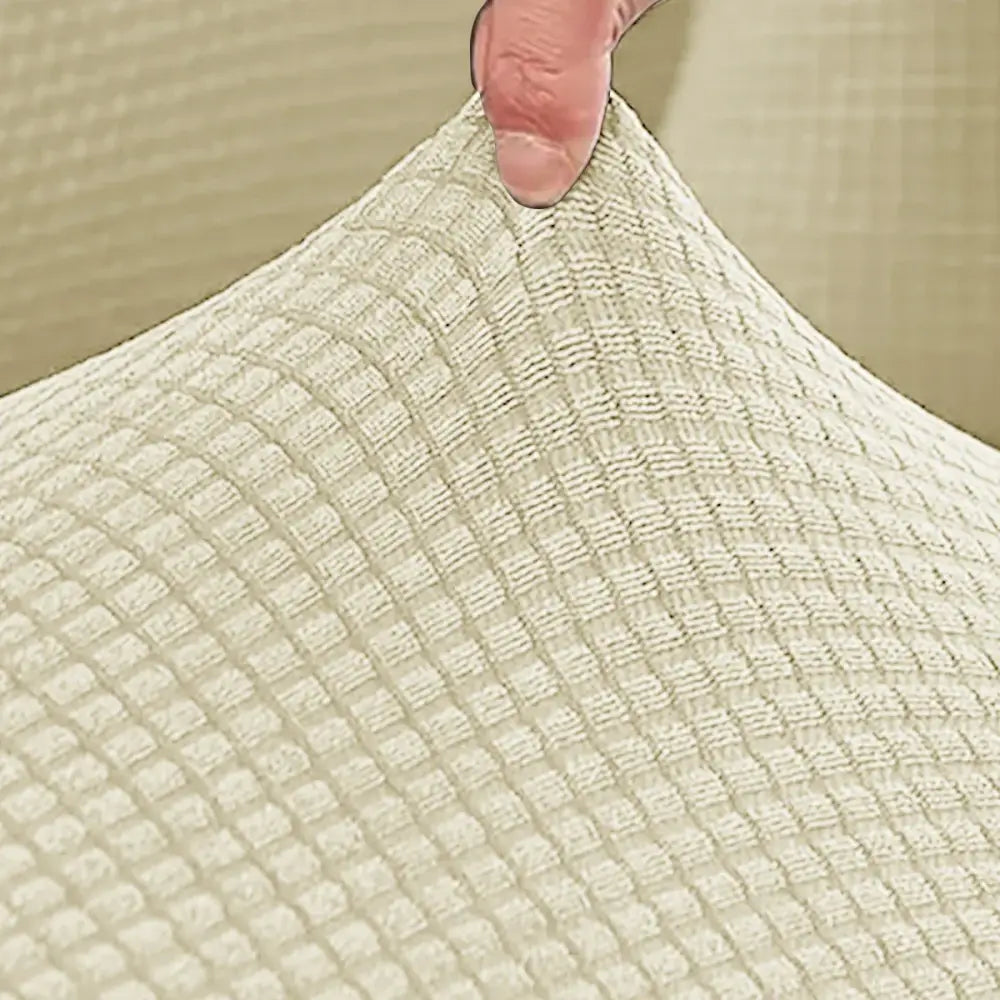 Beige waffle-knit stretch fabric cover for woven brown and cream modular sofa outdoor sectional protection