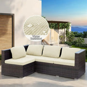 Dark brown woven wicker modular sofa with cream-colored cushions and brown and cream outdoor sectional cover protection