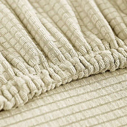 Beige corduroy fabric with ribbed texture and elasticized hem for woven brown and cream modular sofa cover outdoor protection